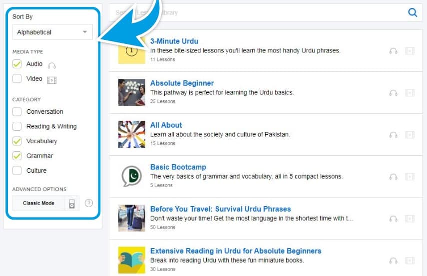 UrduPod101-Review-Lesson-Library-Filtering