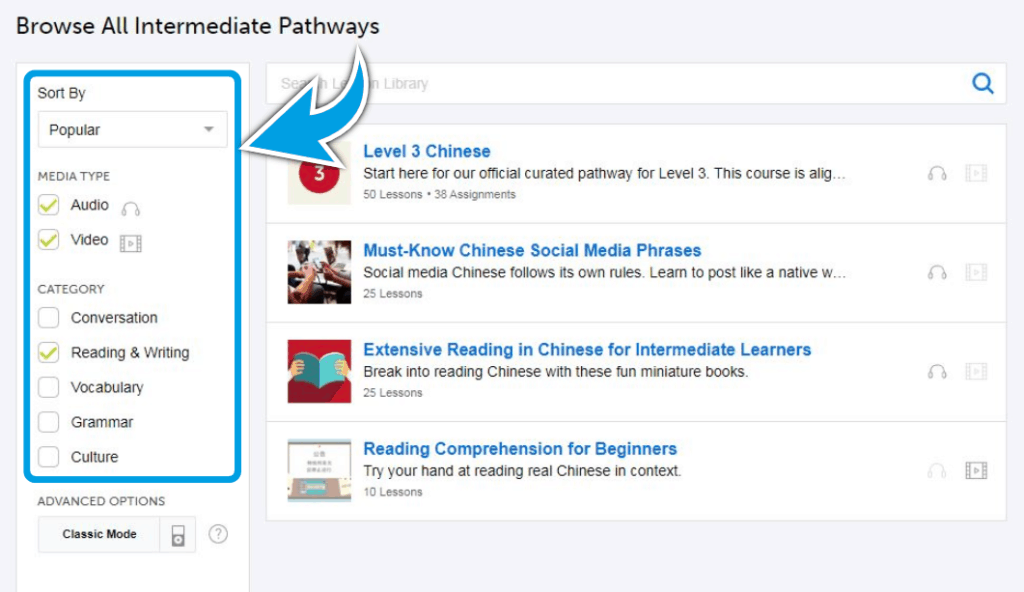 Chineseclass101-Review-lesson-library-filtering