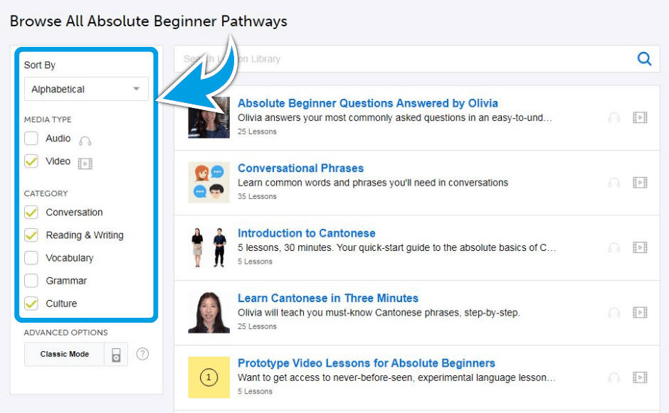 CantoneseClass101-Review-Lesson-Library-Filtering