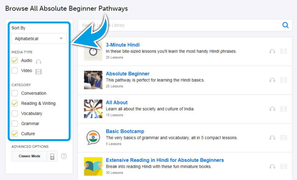 hindipod101-review-lesson-library-filtering